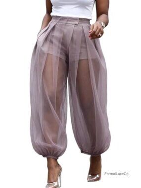 Sheer Mesh Balloon Wide Leg Pleated Pants Built-in Shorts